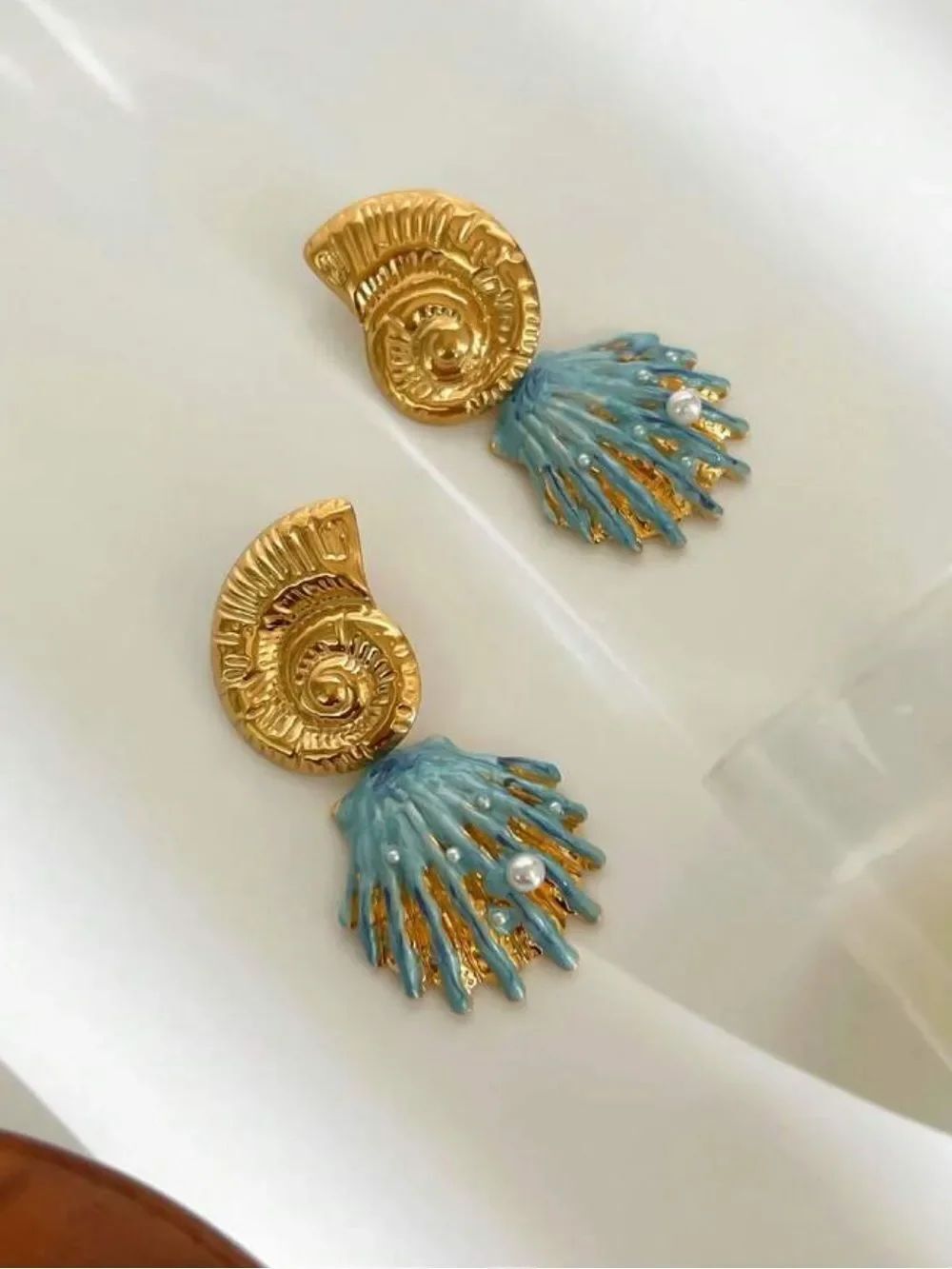 Gold and Turquoise Shell Drop Earrings R717 - Picture 2 of 3